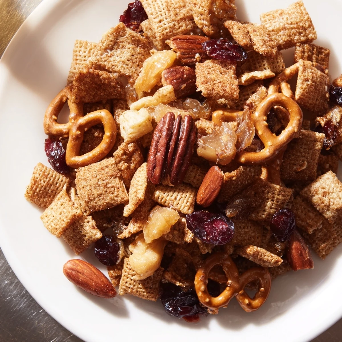 Geschaute Winter Snack Mix mit knusprigen Cerealen und süßen Cranberries auf einer Holzplatte.