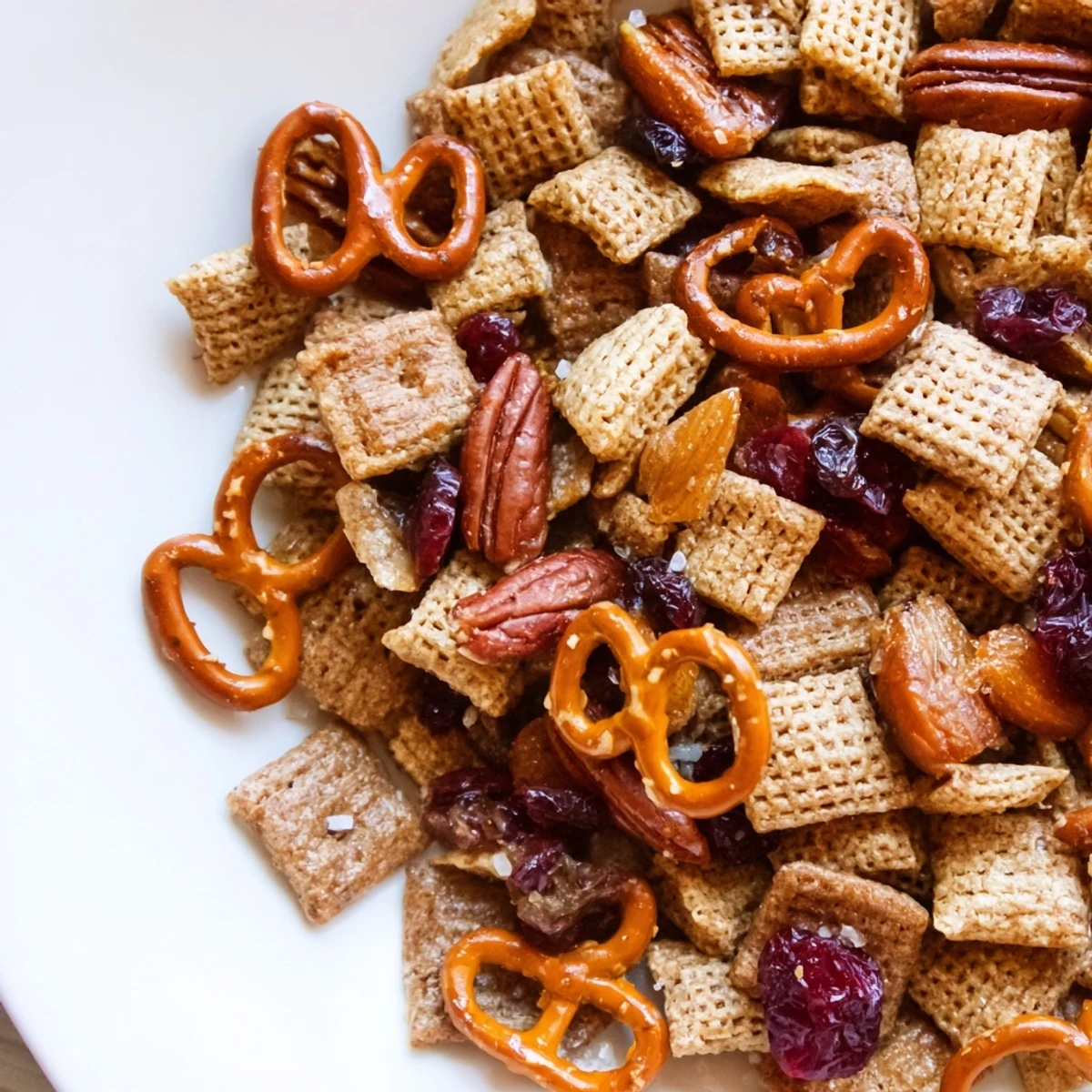 Ein großer Schüssel Winter Snack Mix mit Nüssen und getrockneten Aprikosen auf Küchentisch.