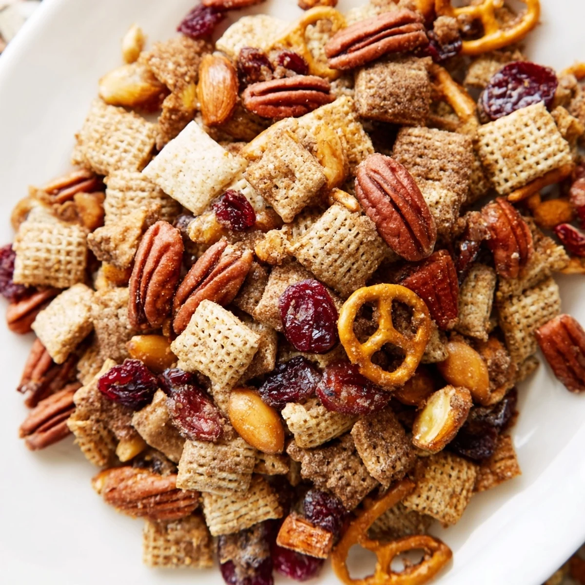 Warm gebackene Winter Snack Mix mit Zimt und Kandisfrüchten serviert in einer Schale.