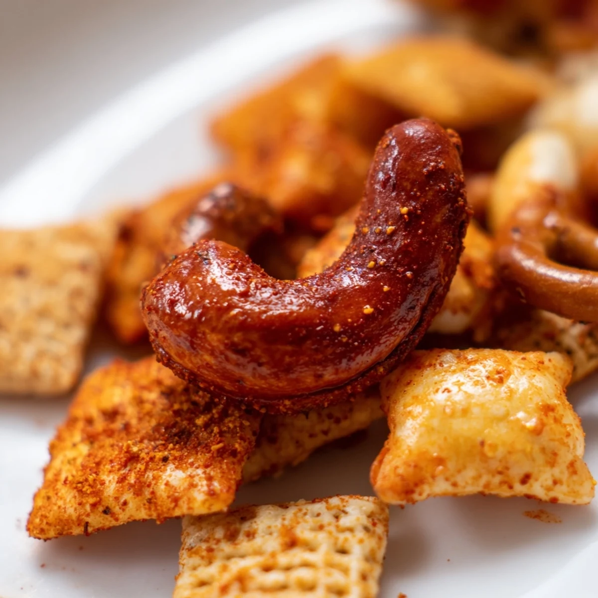 Spicy Snack Mix in a bowl, pretzels and nuts coated in bold seasoning for easy party snacking. 