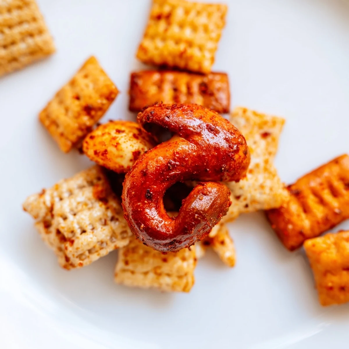 Golden Spicy Snack Mix fresh from the oven, crunchy cereals and pretzels tossed in spicy butter blend. 