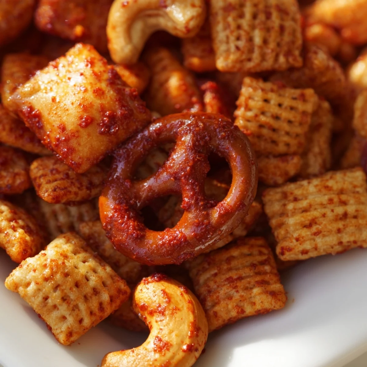 Family-style Spicy Snack Mix on a platter, pretzels, peanuts, and cereals with a smoky kick.