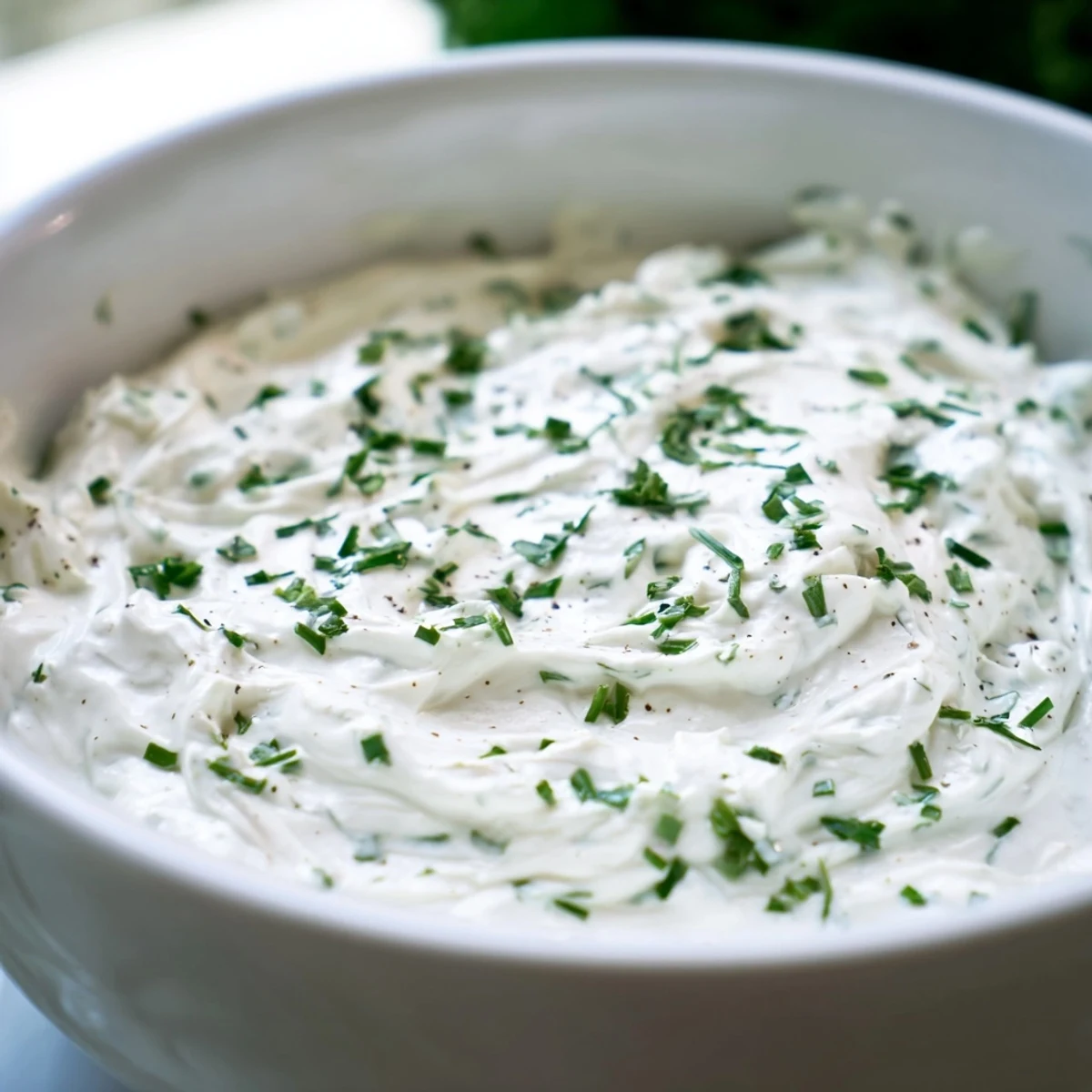 Cremiger Snack-Dip mit glatter Oberfläche und fein gehackten Kräutern, bereit zum Eintauchen für Partys.