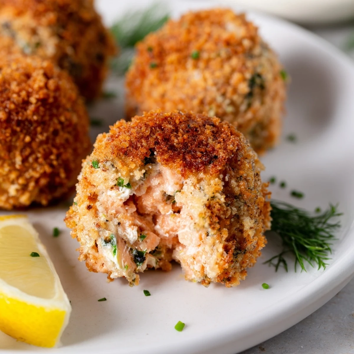 Gebäcktes Lachs-Snack-Bissen aus Ofen, goldbraun und mit frischer Petersilie garniert, warm serviert.