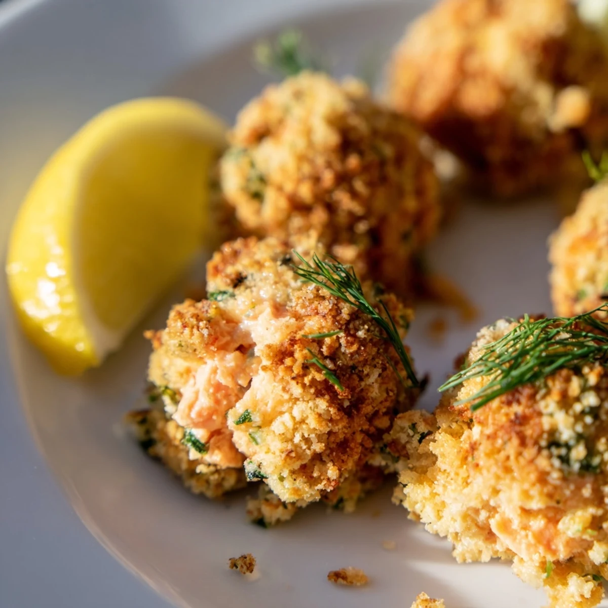 Krosse Lachs-Bissen im Ofen gebacken, mit Zitronenkeilen und Dill als gesunder Appetizer.