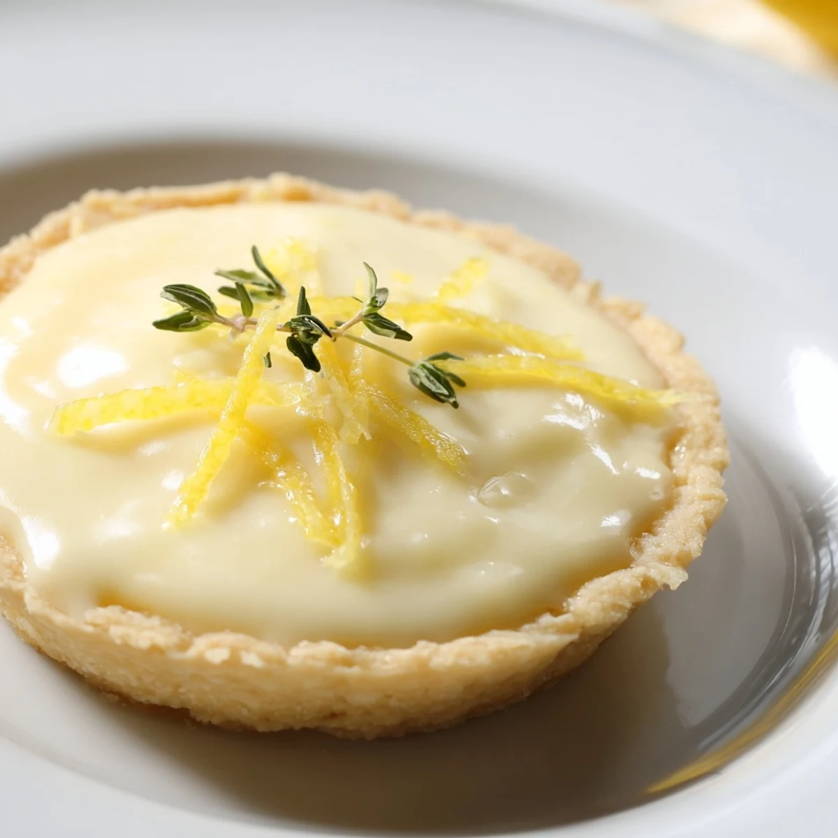 Lemon Appetizer Tart garniert mit feinem Zitronenzest und frischen Kräutern auf Holzplatte.