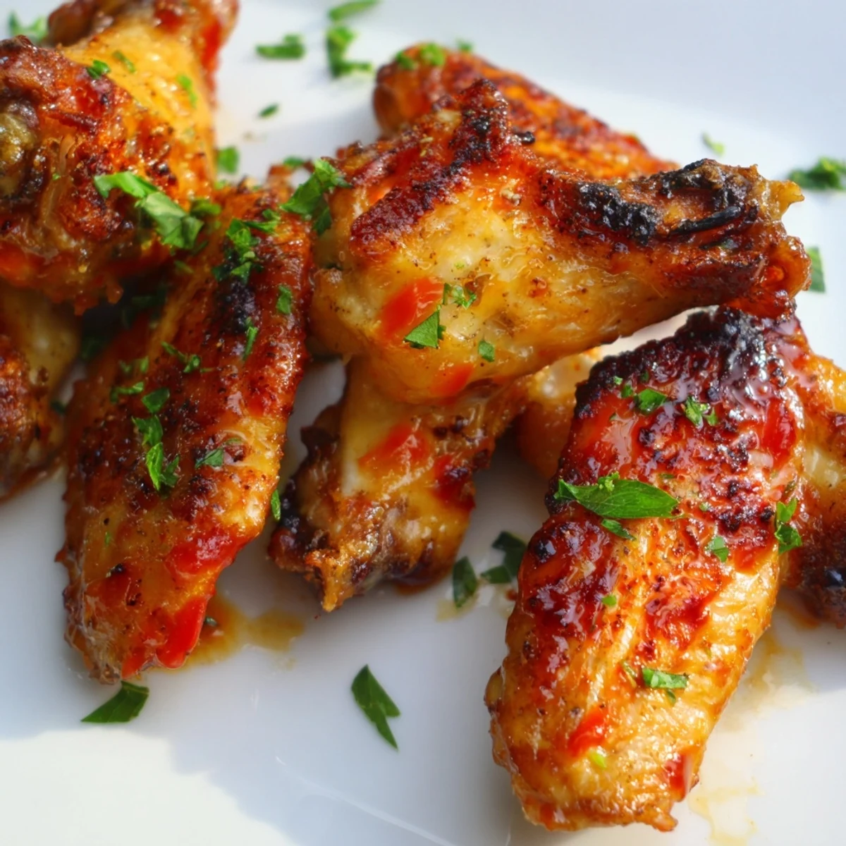 Crispy Chicken Appetizer Wings garen auf einem Blech, goldbraun und mit einer glänzenden, würzigen Sauce vermischt.