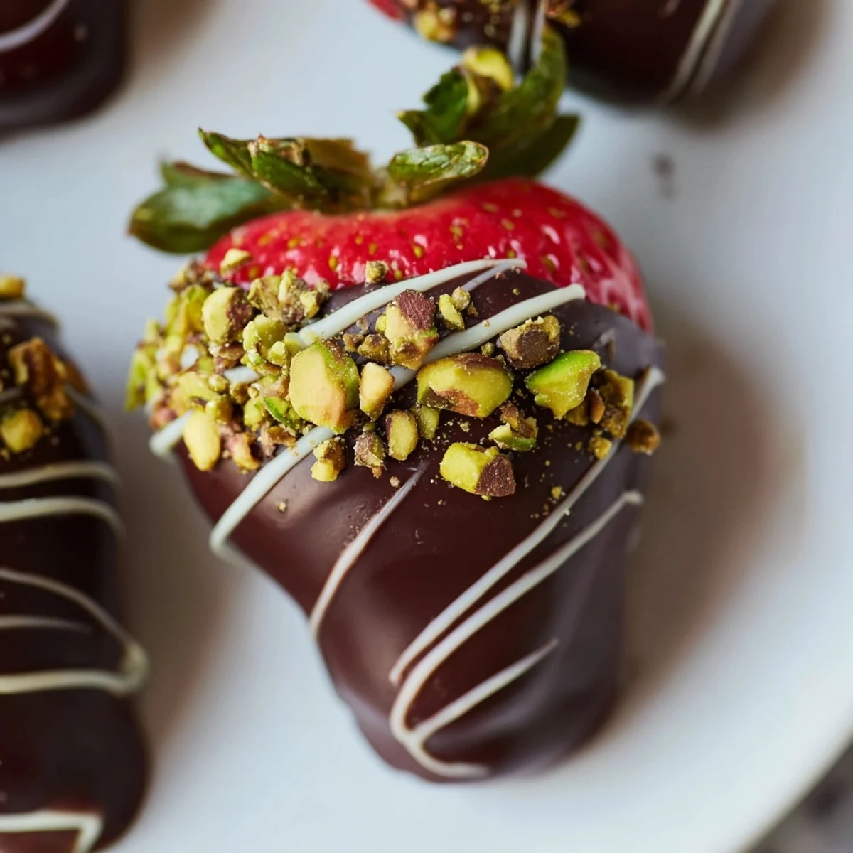 Auf einem schwarzen Blech liegen Chocolate-Dipped Fruit Appetizers mit glänzender dunkler Schokolade, garniert mit grünen Pistazien und Kokosflocken, auf einem rustikalen Holztisch in US-Küchenästhetik.