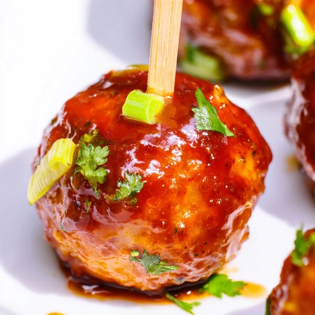 Moist, bite-sized Turkey Appetizer Meatballs coated in rich barbecue glaze and fresh parsley garnish.
