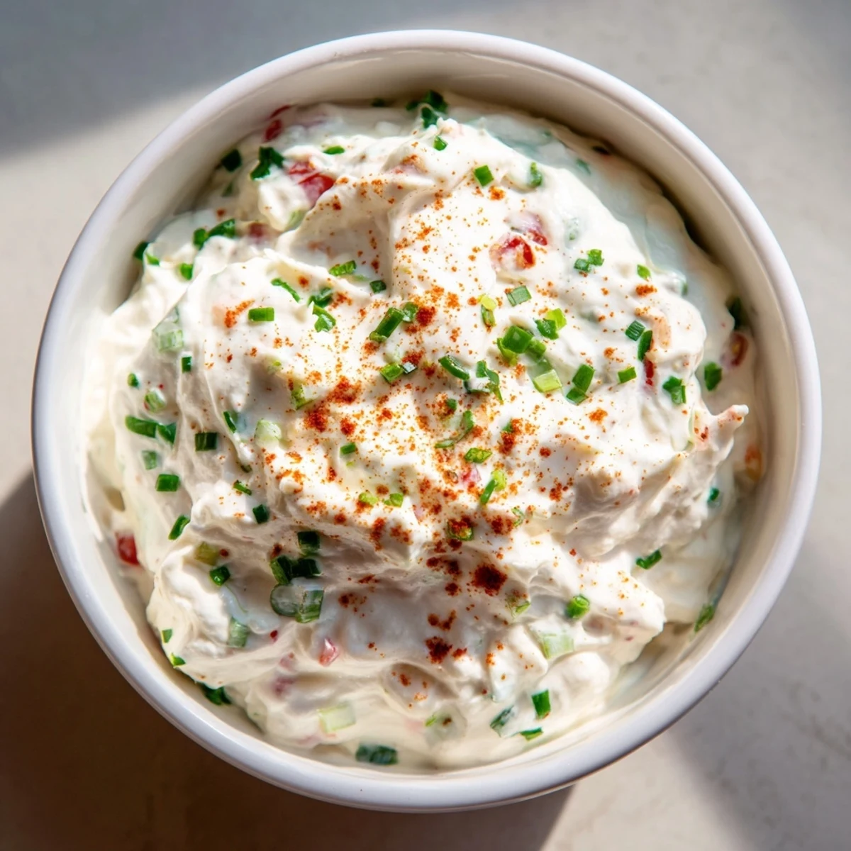 Eine Schüssel des cremigen Appetizer Dips auf einem rustikalen Holztisch mit Fladenbrot.