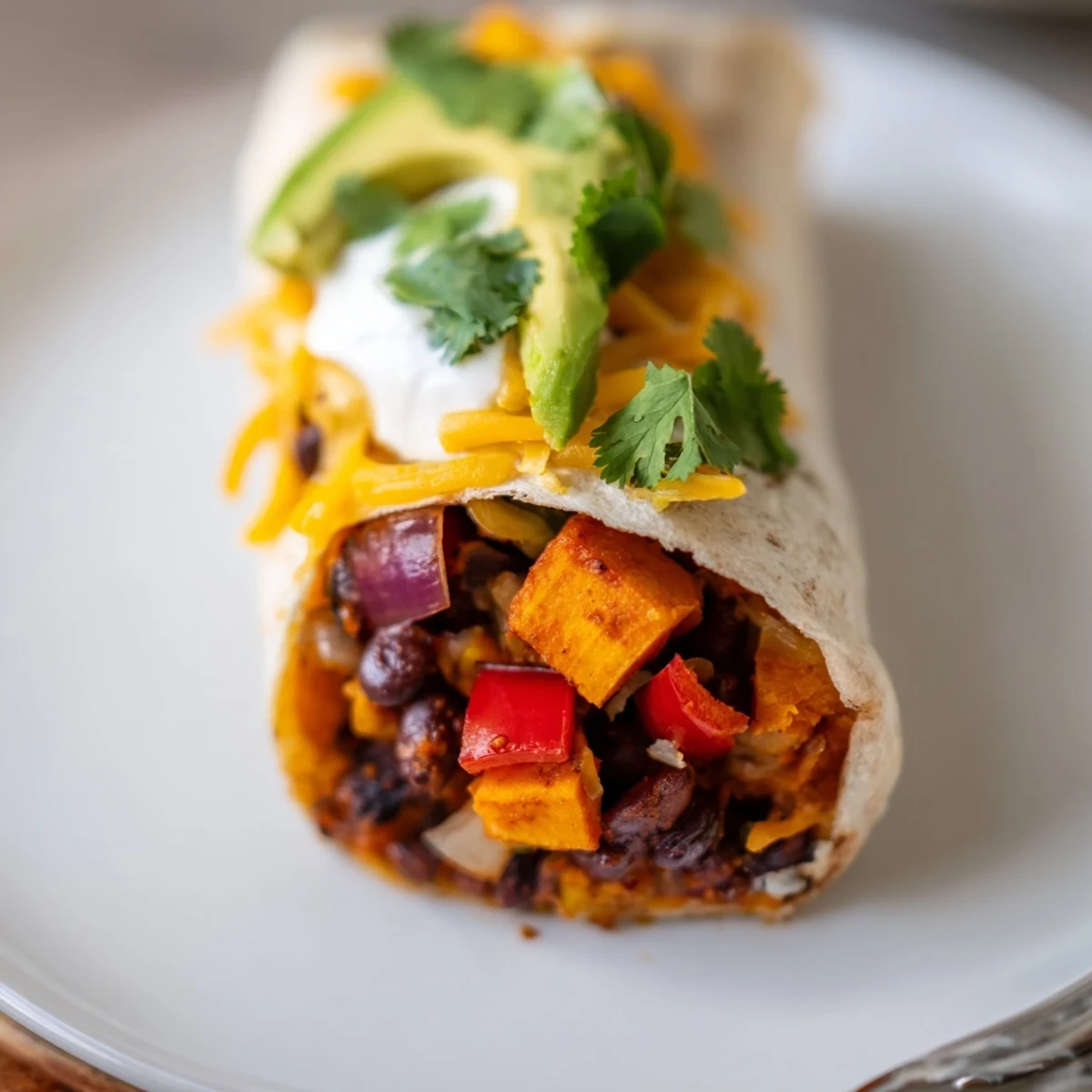 Heiß geröstete Süßkartoffelwürfel und schwarze Bohnen liegen in weichen Tortillas, toppen mit cremigem Avocado-Scheiben und frischem Koriander.