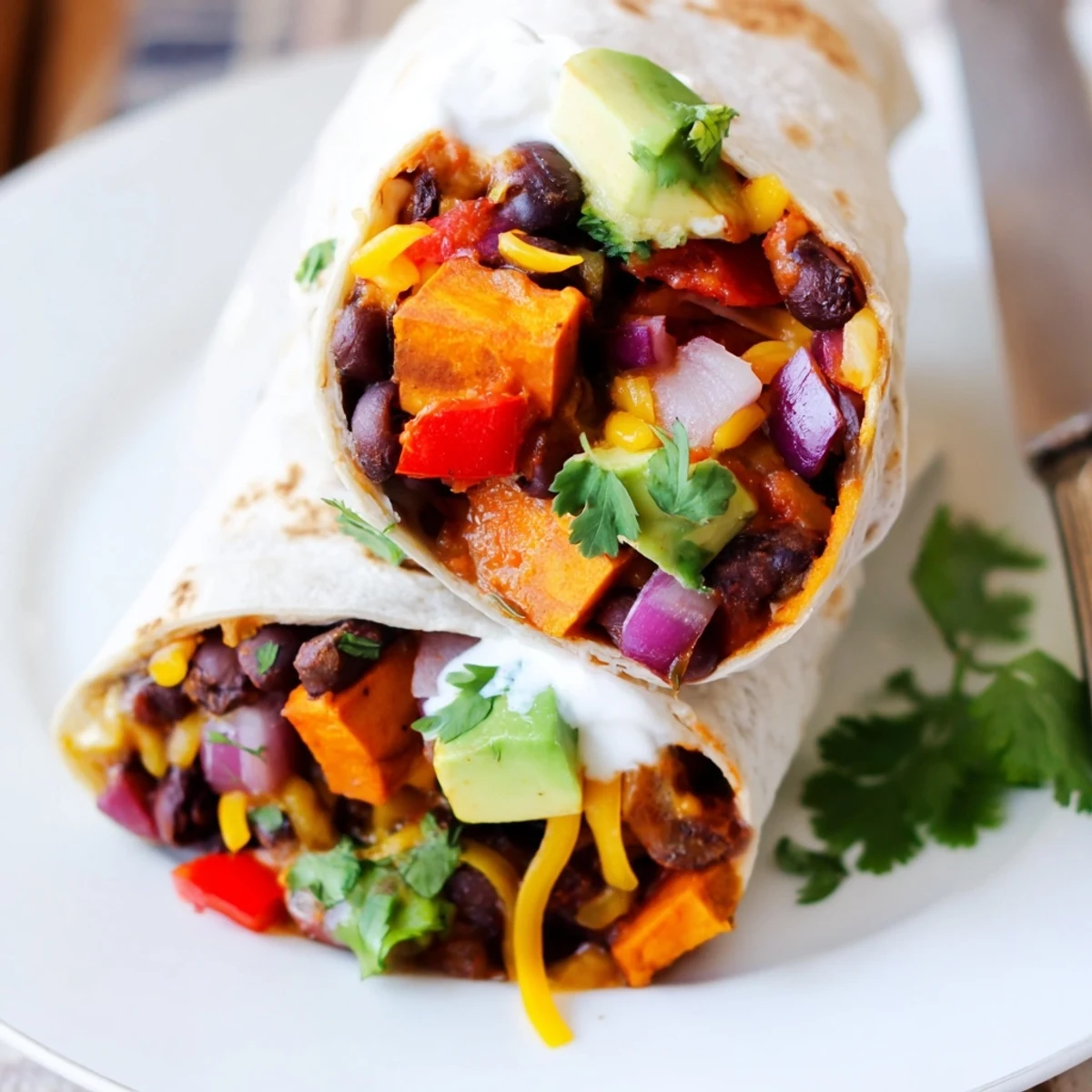 Roasted Sweet Potato and Black Bean Burritos mit knusprig gebackenen Füllungen, gerösteten Paprikastreifen und einer würzigen Cumin-Gewürzmischung.