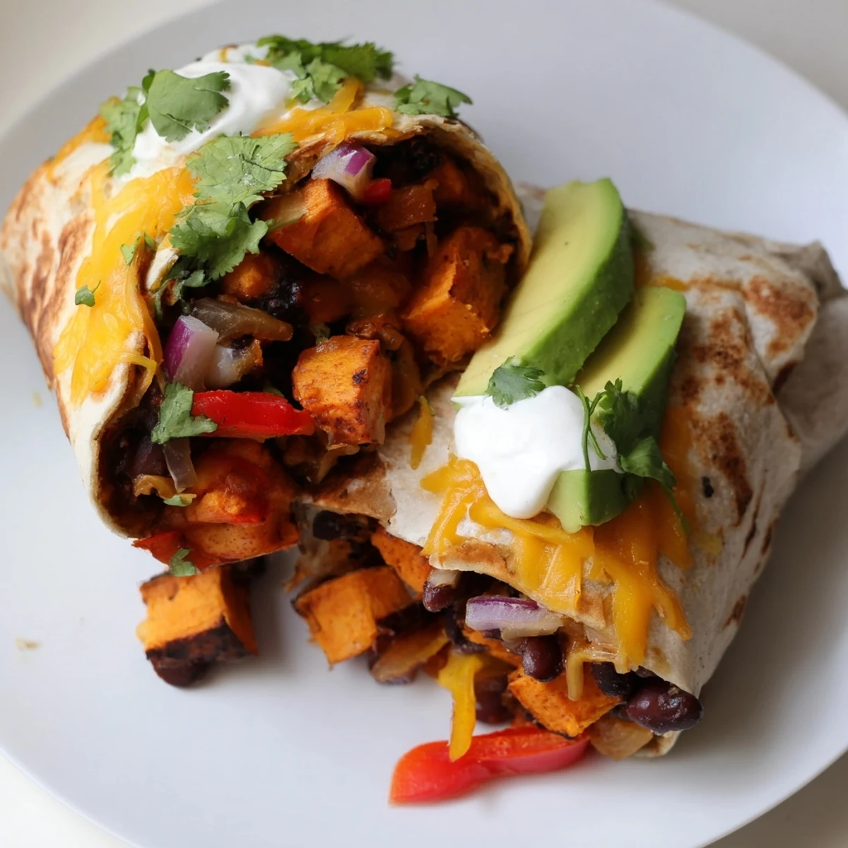 Ein geöffneter Burrito zeigt die saftige Füllung aus Süßkartoffel und schwarzen Bohnen, mit geschmolzenem Käse und Joghurt-Sauce daneben.
