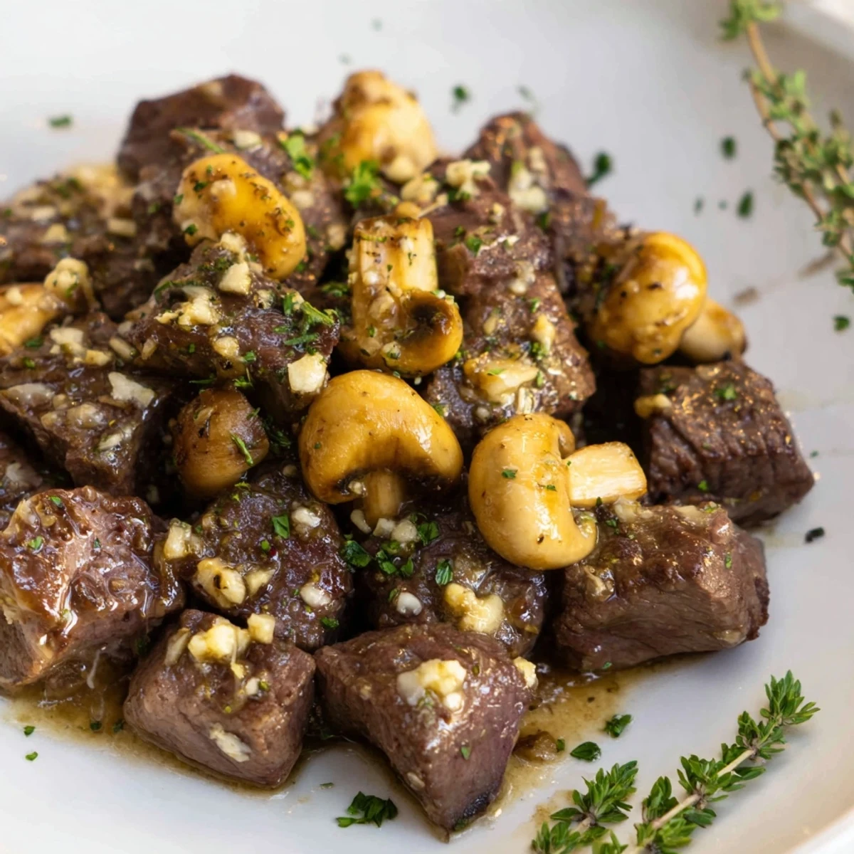 Goldbraune Steak Bites mit Pilzen in knuspriger Panade, in reichhaltiger Knoblauchbutter geschwenkt und mit frischer Petersilie garniert.