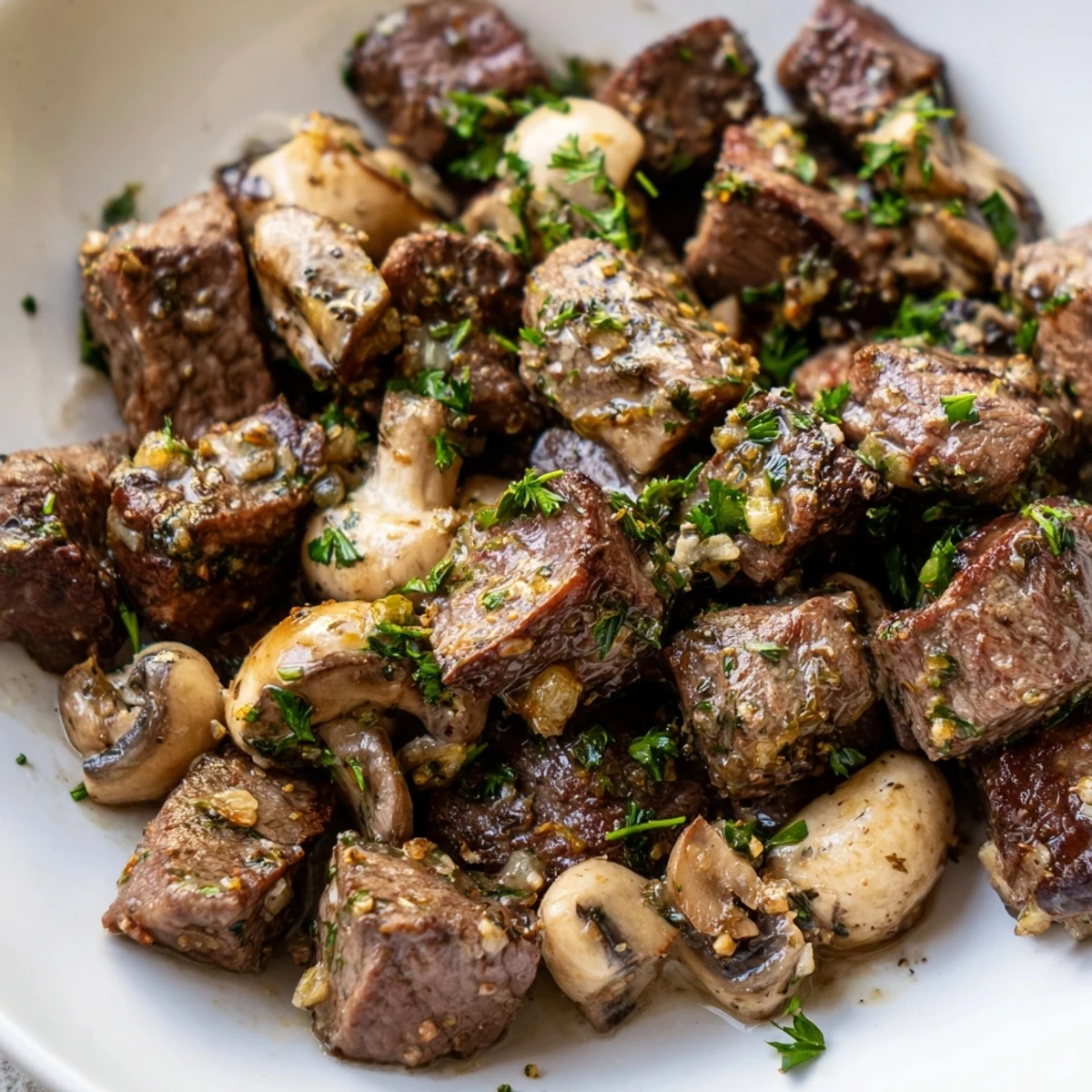 Zarter Sirloin Steak Bites mit saftigen Champignons, aromatisiert mit Knoblauchbutter und einem Hauch Zitronensaft auf dem Teller.