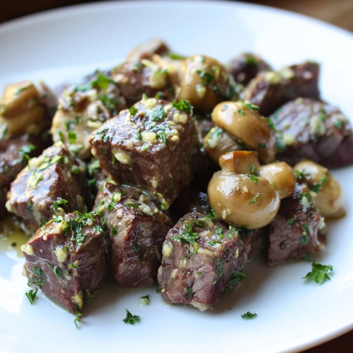 Schnelle Garlic Butter Steak Bites mit Pilzen, scharf angebraten in der Pfanne und perfekt für ein wochentägliches Abendessen.