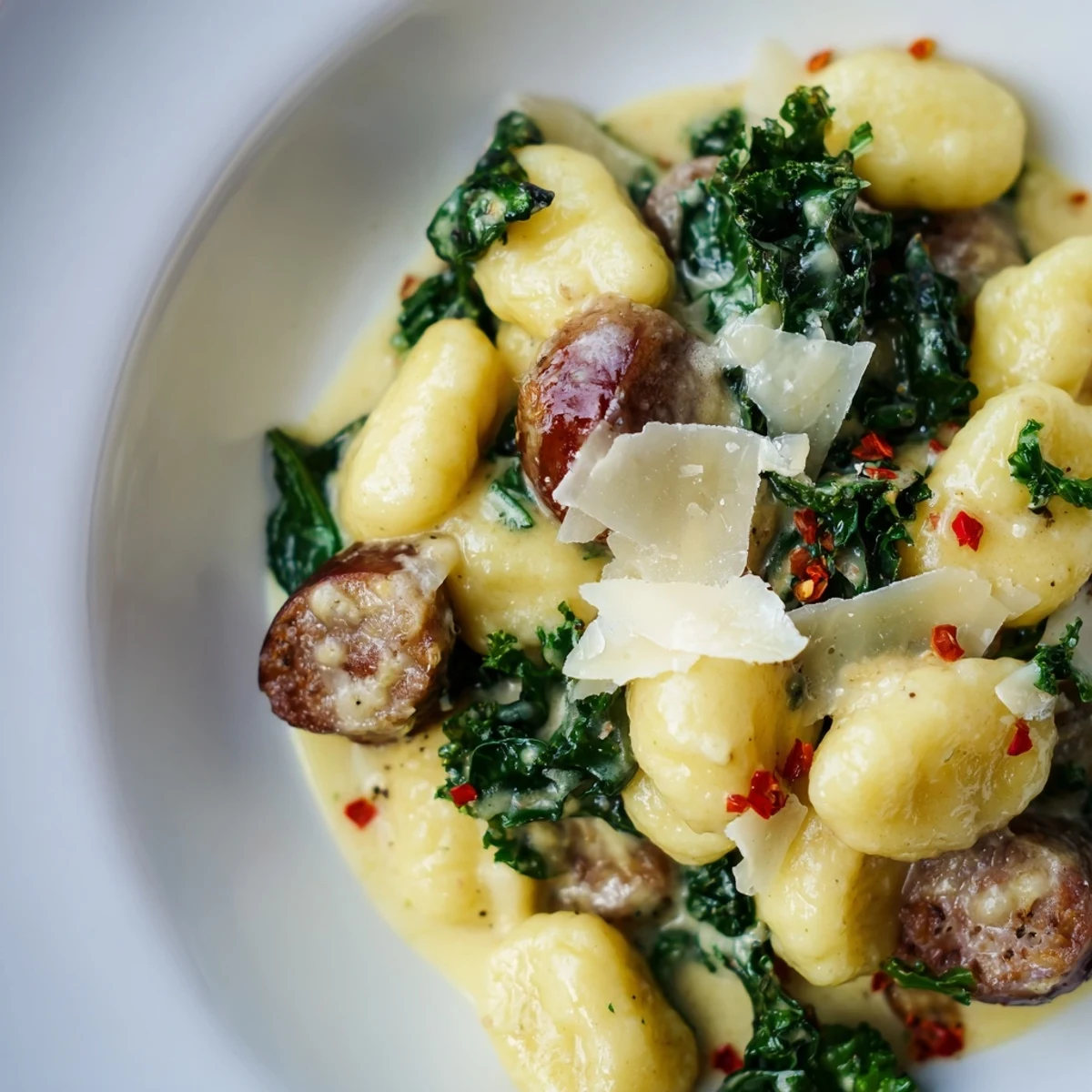 Creamy Gnocchi with Sausage and Kale in a skillet with garlic cream sauce and fresh parsley garnish