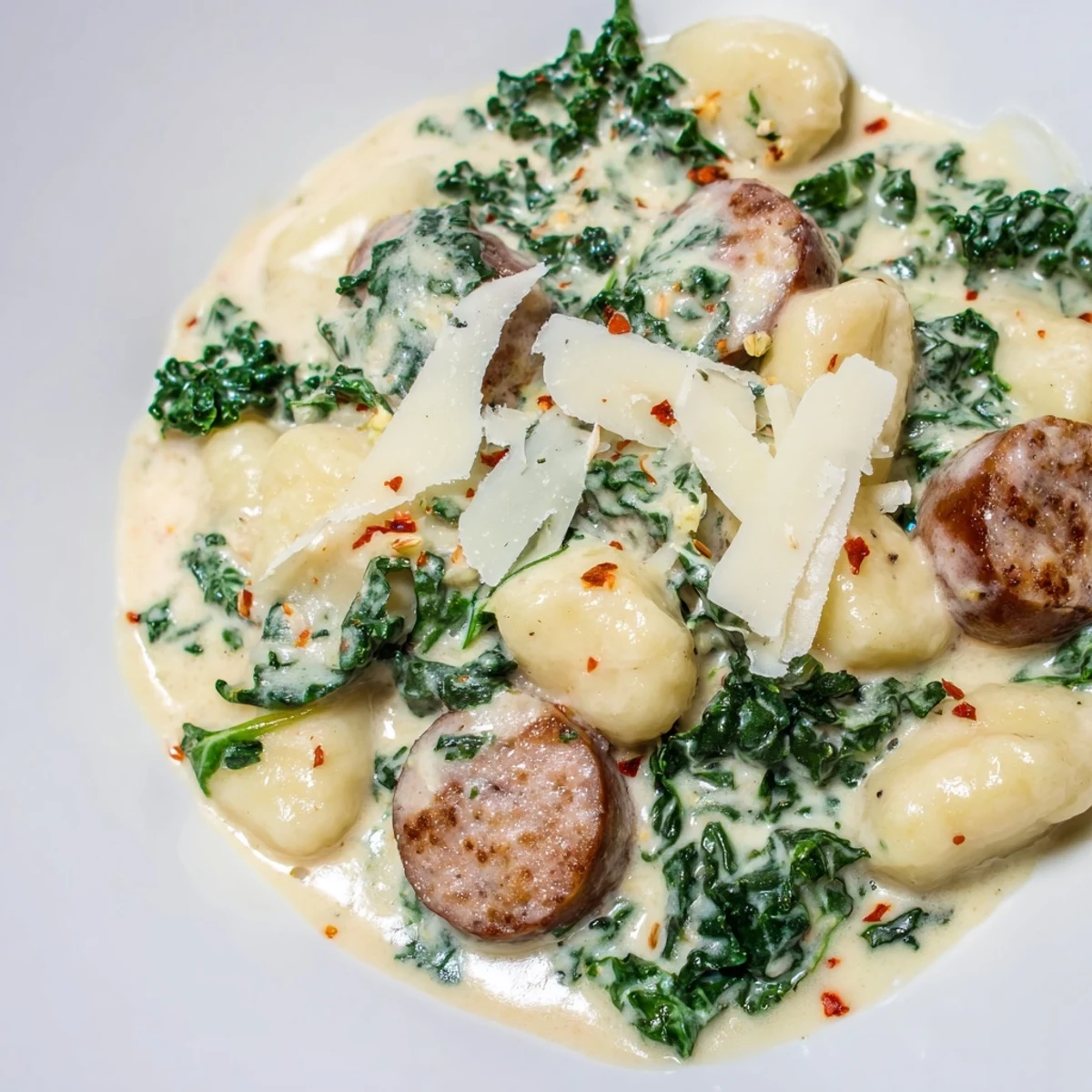 Creamy Gnocchi with Sausage and Kale served on a white plate next to a glass of red wine