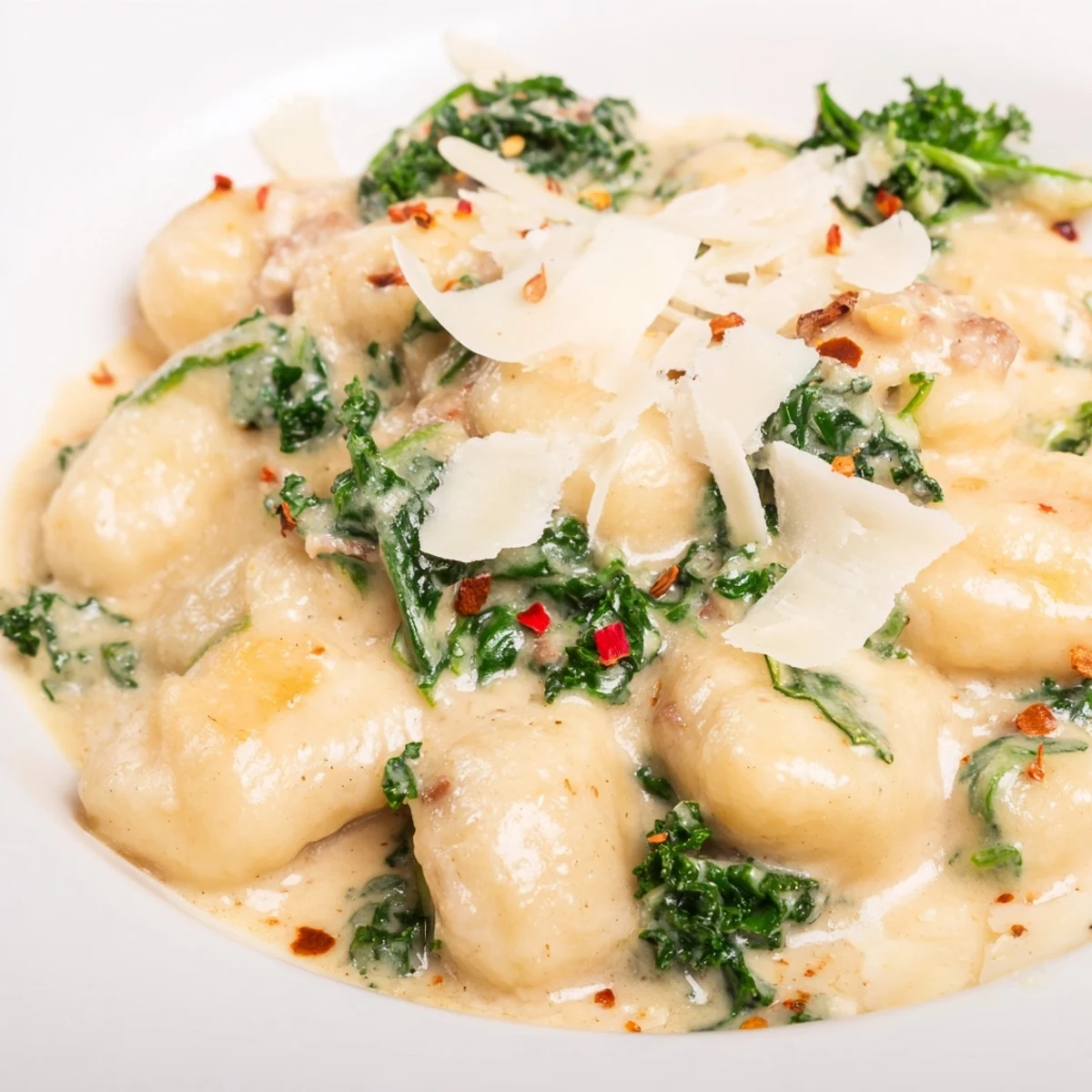 Golden brown halal sausage and wilted kale mixed into pillowy gnocchi in a creamy Parmesan sauce