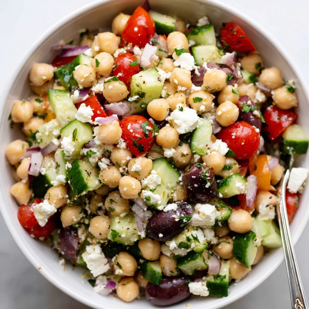 Freshly tossed Mediterranean Chickpea Salad with Feta, showcasing diced red onion, vibrant bell peppers, and a zesty lemon-oregano dressing.