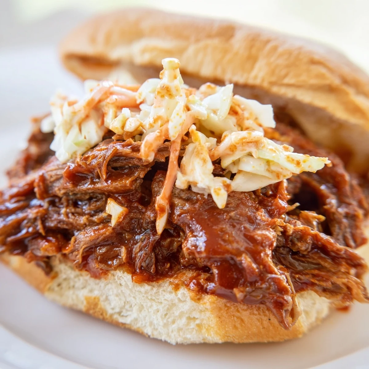 Slow-cooked shredded beef for Slow Cooker Pulled Beef Sandwiches glistening in barbecue sauce on soft buns.