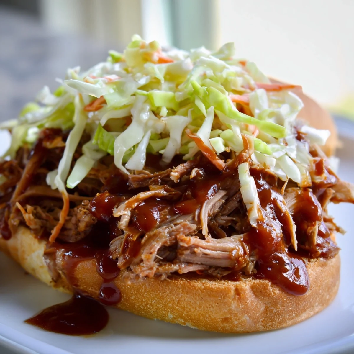 Tender, juicy Slow Cooker Pulled Beef Sandwiches piled high on a toasted bun with creamy slaw.