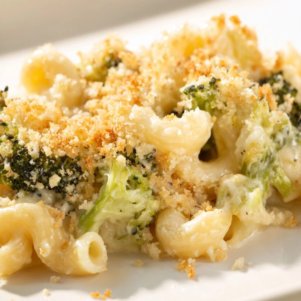 Geschmolzene Käsesoße in der Baked Macaroni and Cheese with Broccoli, serviert mit grünen Brokkoliröschen.