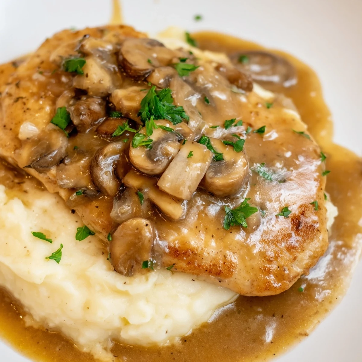 Goldene Chicken Marsala mit Champignons, frisch in einer Bratpfanne mit brauner Sauce serviert.