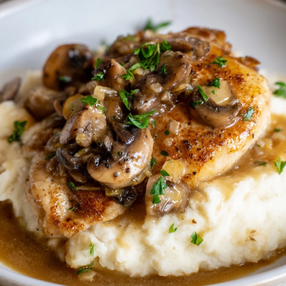Zubreitung von Chicken Marsala: knuspriges Hähnchen in cremiger Pilzsauce, garniert mit frischer Petersilie.