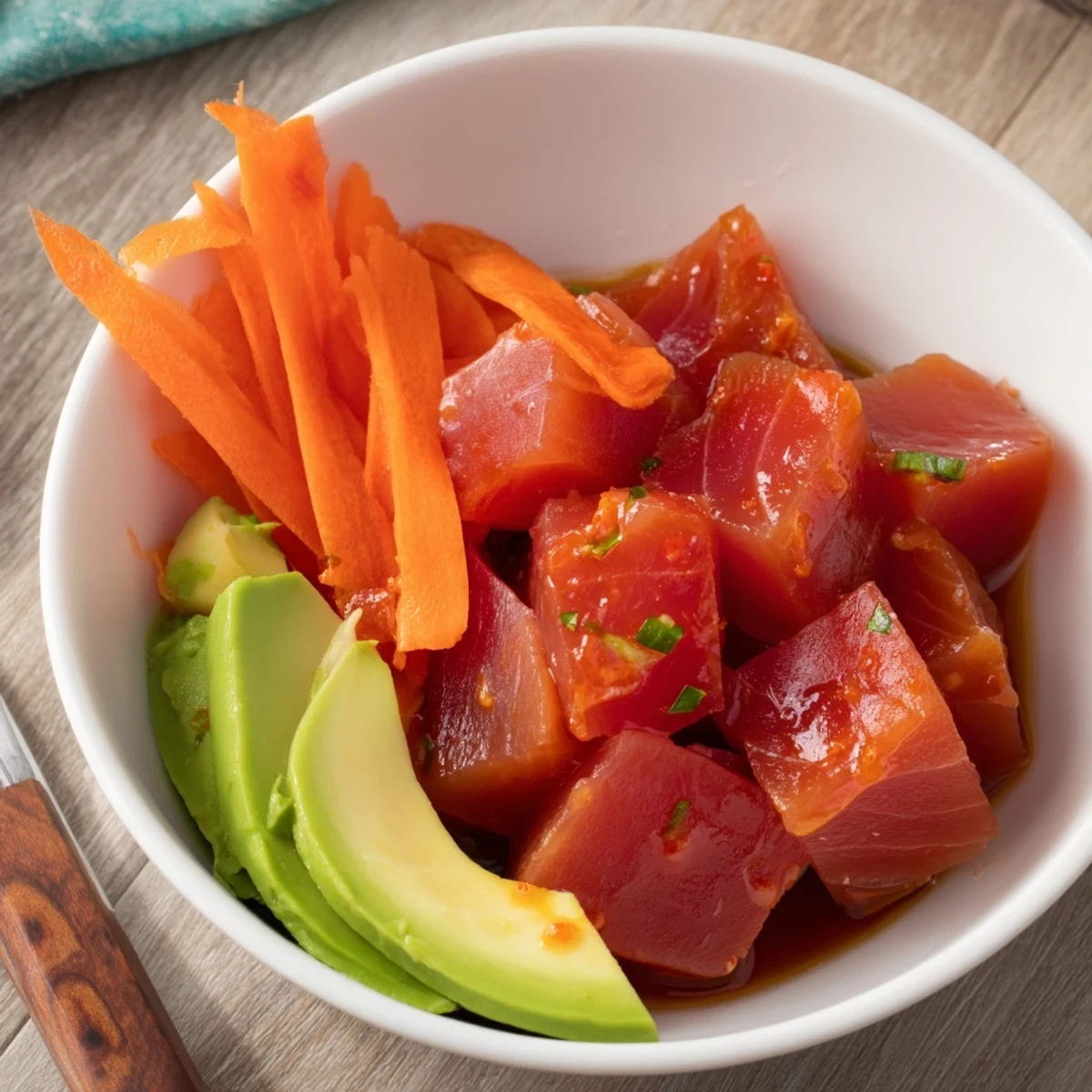Genieße den leckeren Spicy Tuna Poke Bowl mit cremiger Avocado und knackigem Gemüse auf heißem Reis.
