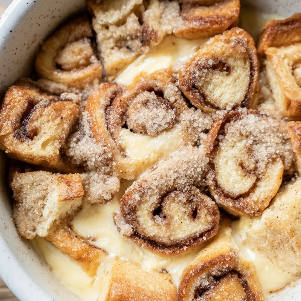 Goldschattene Käsekruste über warmem Cinnamon Roll Bread and Butter Pudding mit zuckeriger Glasur für ein gemütliches Dessert.