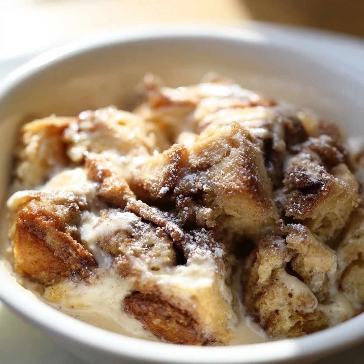 Geschichteter Cinnamon Roll Bread and Butter Pudding in einer Butterform, gebacken bis cremig und goldbraun für Brunch-Liebhaber.