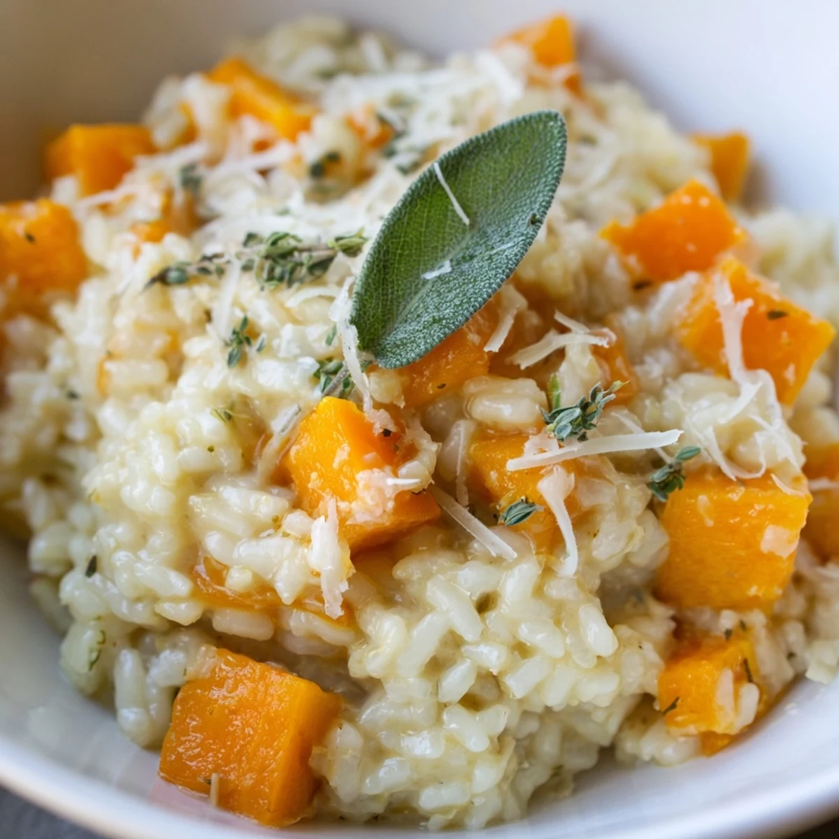 Creamy Winter Squash Risotto with Sage and Parmesan served steaming in a rustic bowl, topped with crispy sage leaves and fresh shavings of cheese.