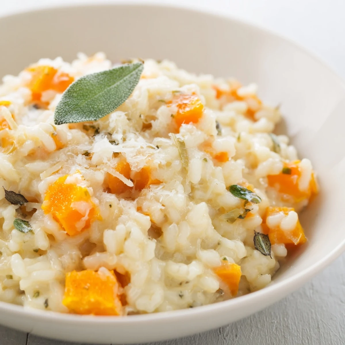 A pan of Winter Squash Risotto with Sage and Parmesan, featuring vibrant orange squash chunks and melted butter, ready for a cozy family dinner.
