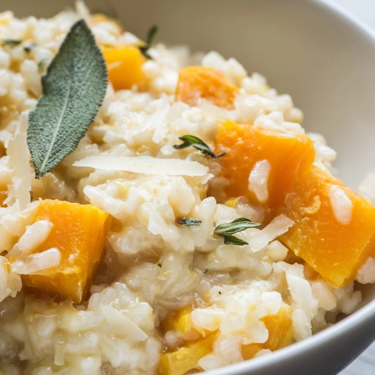 Close-up of Winter Squash Risotto with Sage and Parmesan, highlighting creamy Arborio rice, fresh herbs, and a drizzle of golden olive oil.