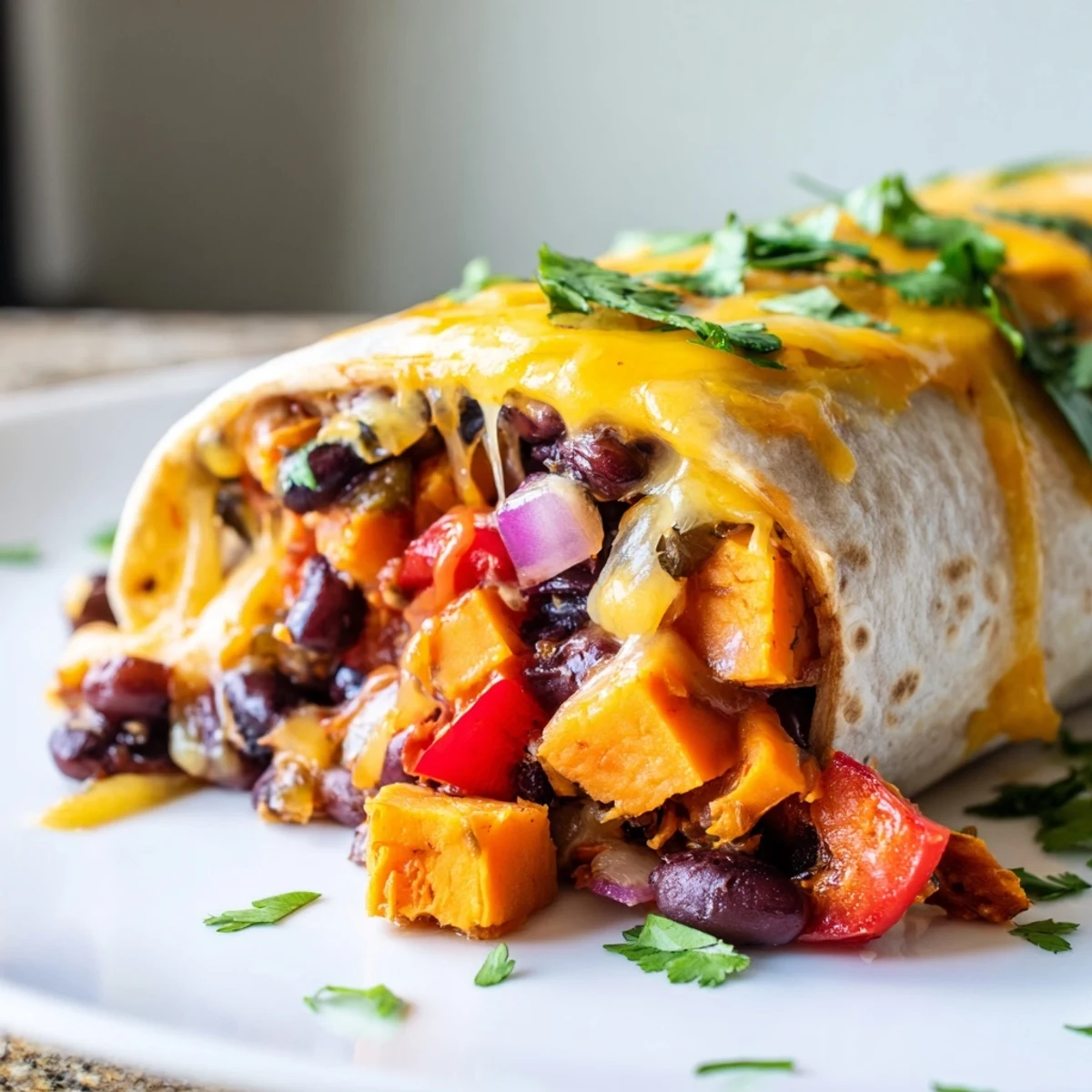 Gebackene Süßkartoffel- und schwarze Bohnen-Burritos mit geschmolzenem Käse und frischem Koriander auf einem Teller.