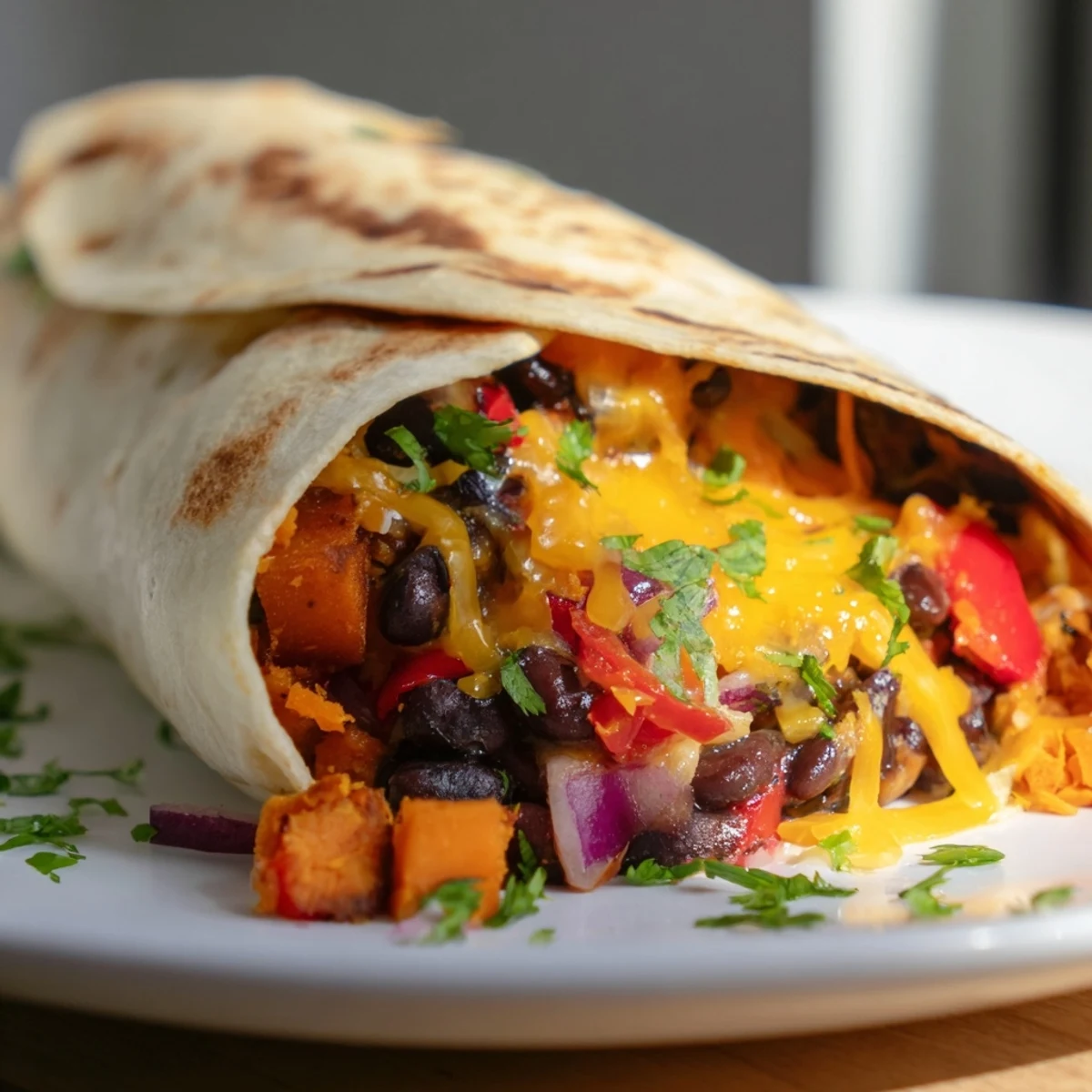 Mehrere goldbraune, geröstete Süßkartoffel- und schwarze Bohnen-Burritos mit Käse auf einem rustikalen Holztisch serviert.