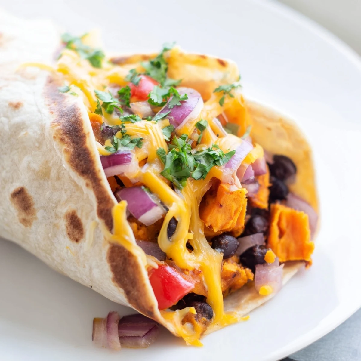 Ein einzelner Röllchen mit Füllung aus gebratenen Süßkartoffeln, schwarzen Bohnen und zerlassener Cheddar-Käse-Mischung.