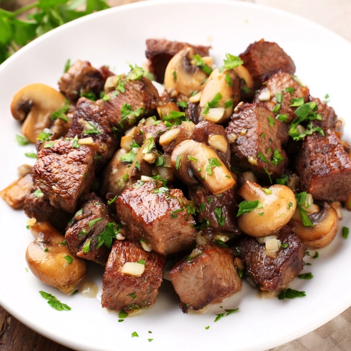 Köstliche Garlic Butter Steak Bites frisch gebraten mit Pilzen und Kräutern.