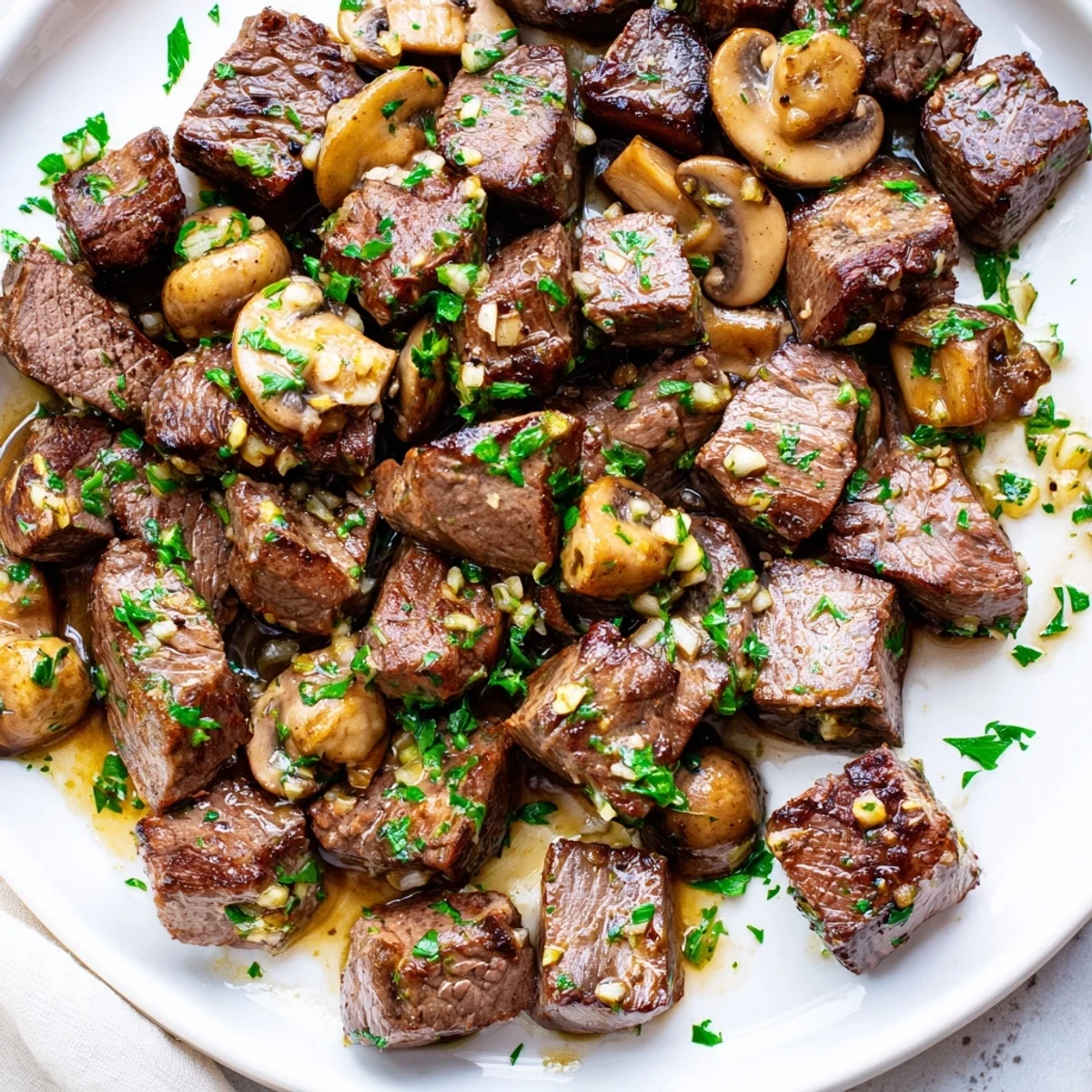 Saftige Garlic Butter Steak Bites mit goldbraunen Pilzen auf einem Teller garniert.