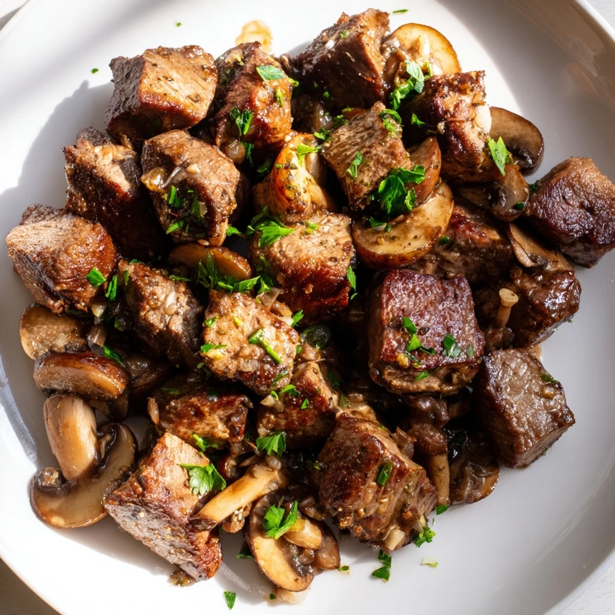 Schnelles Abendessen: Garlic Butter Steak Bites mit sautierten Pilzen und Butter.
