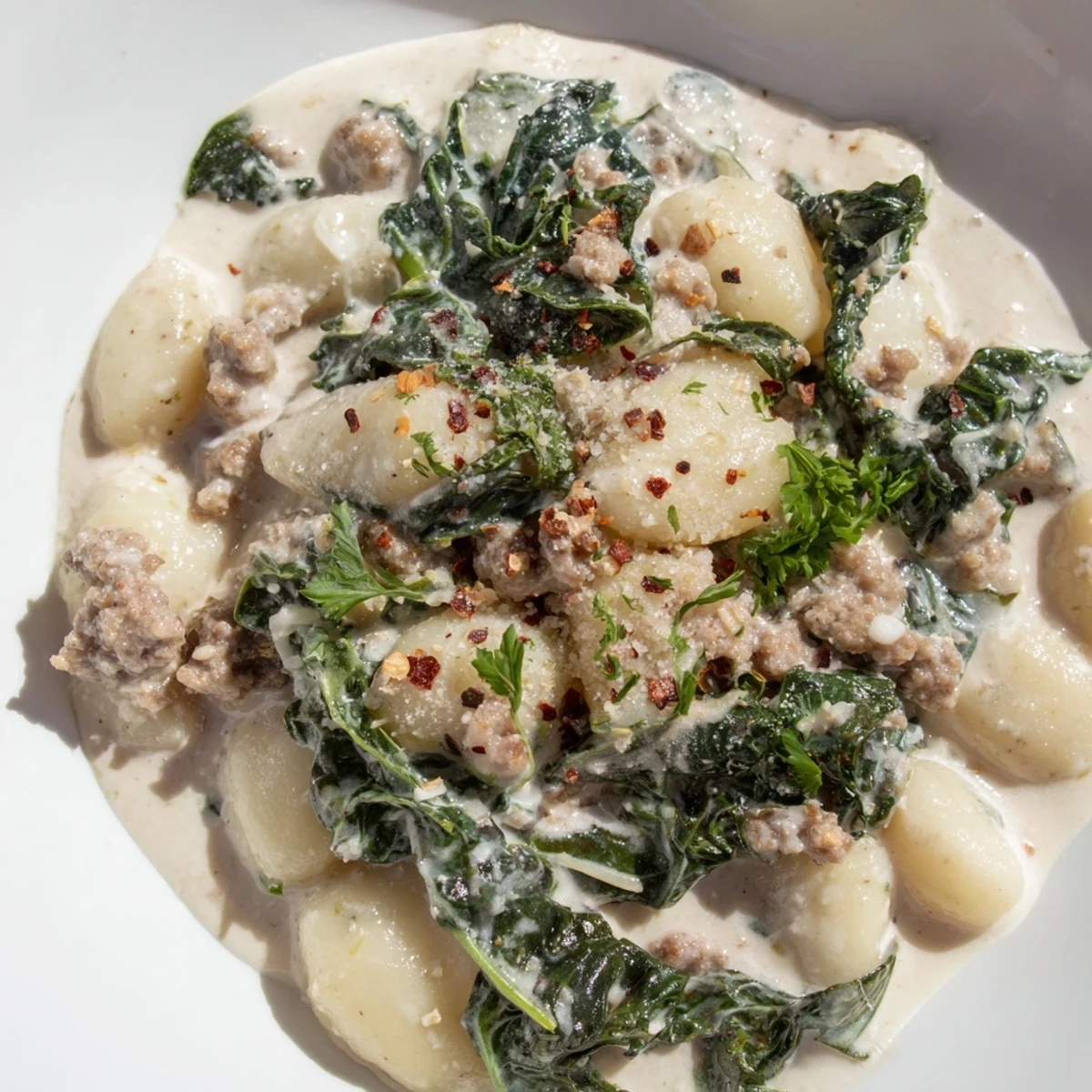 Tender Creamy Gnocchi with Turkey Sausage and Kale garnished with parsley, perfect for a cozy weeknight dinner on a plate.