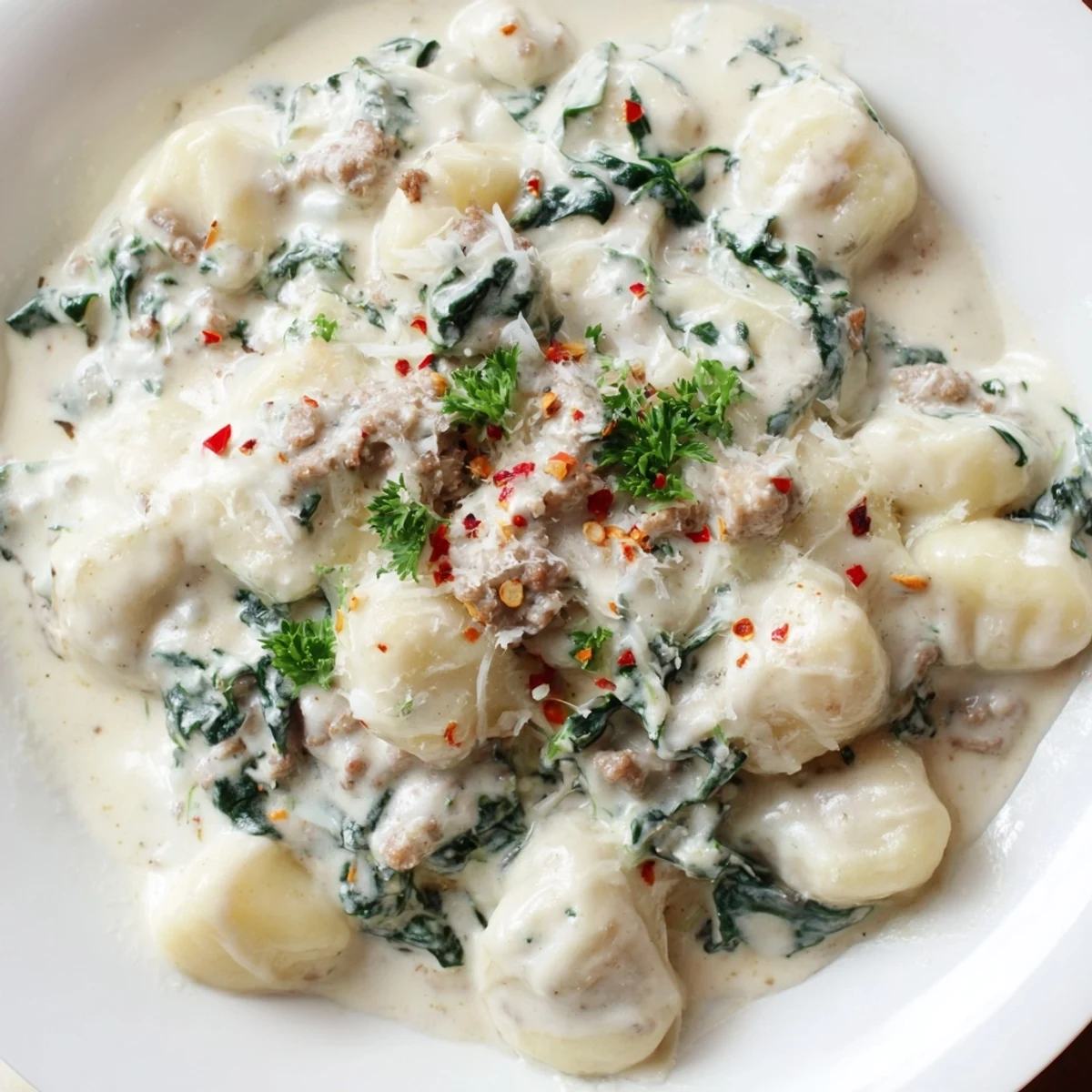 Creamy Gnocchi with Turkey Sausage and Kale in a rich sauce, served steaming in a skillet with melted Parmesan.