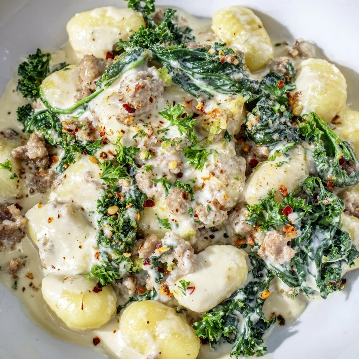 Plate of Creamy Gnocchi with Turkey Sausage and Kale alongside a glass of white wine and crusty bread.