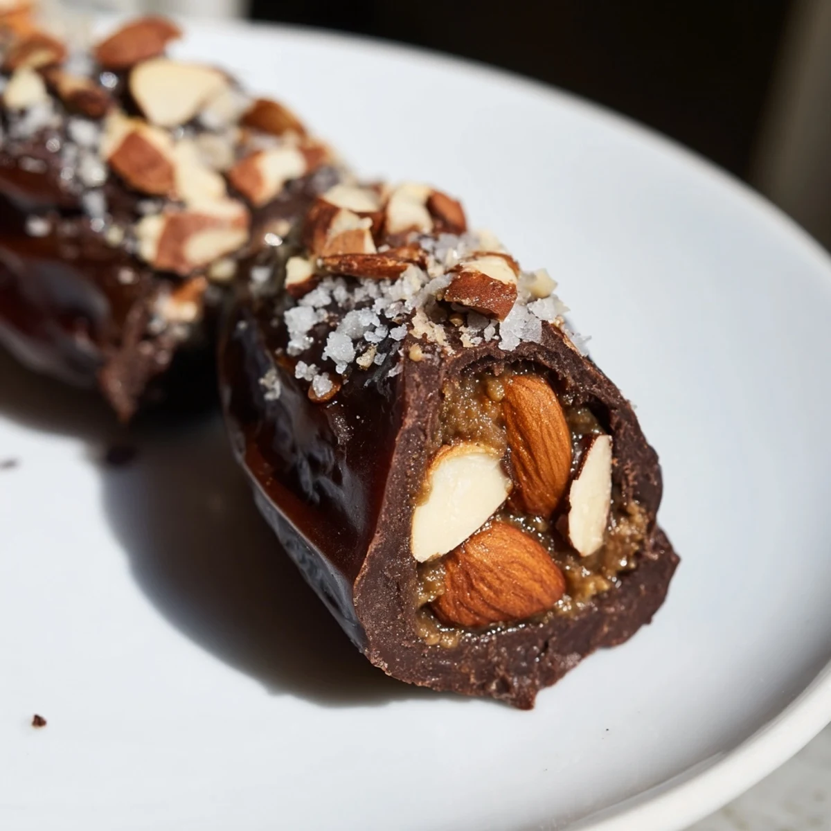 Gestuffte Medjool-Dateln mit Mandelmus und dunkler Schokolade, gestreut mit gehackten Mandeln und Meersalz.