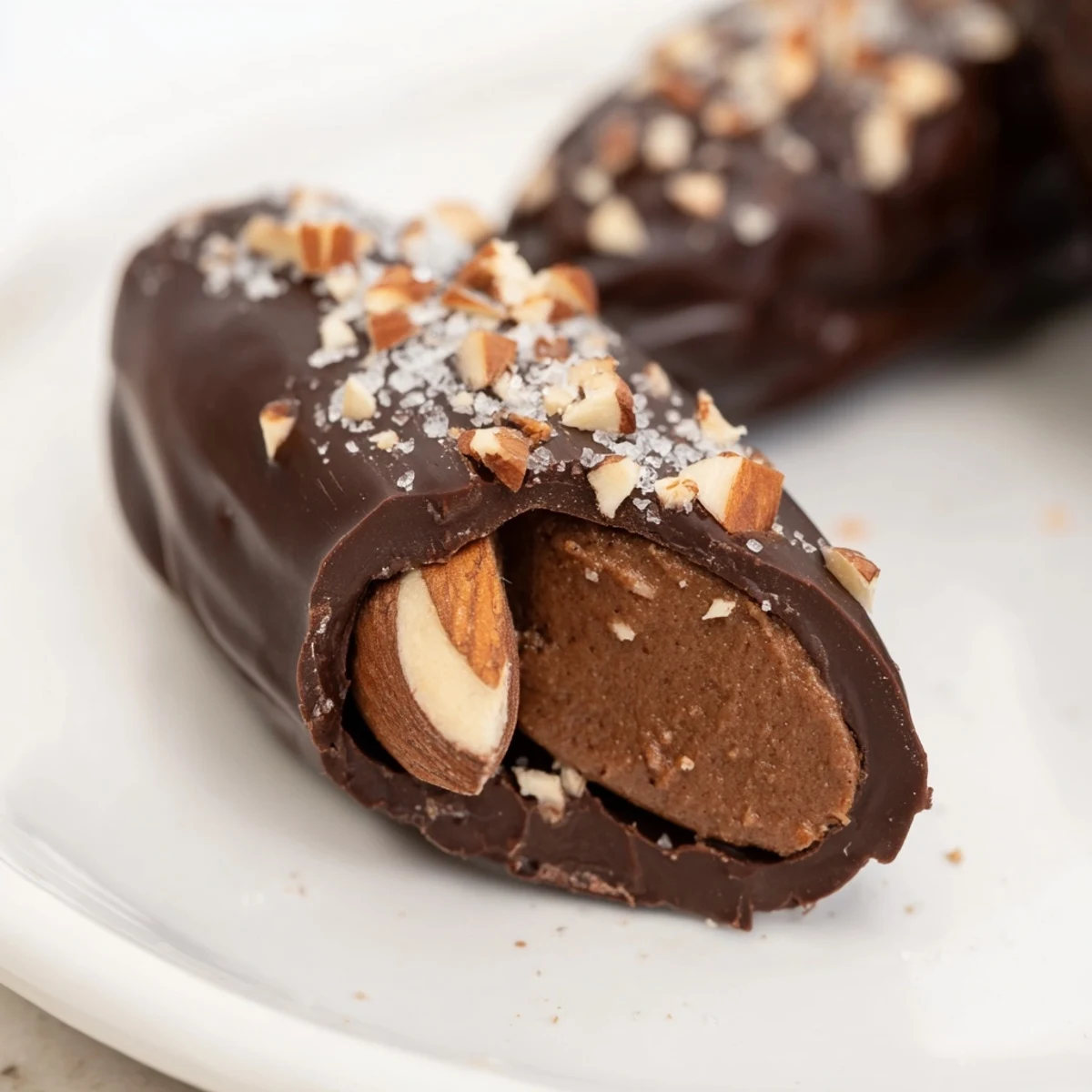 Saftige, weiche Medjool-Dateln gefüllt mit cremigem Mandelmus und vollendet mit glänzender Schokolade.