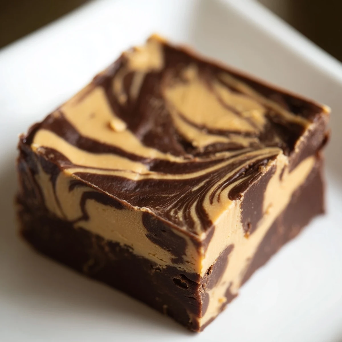 Homemade Chocolate Peanut Butter Fudge Squares stacked on a wooden board.