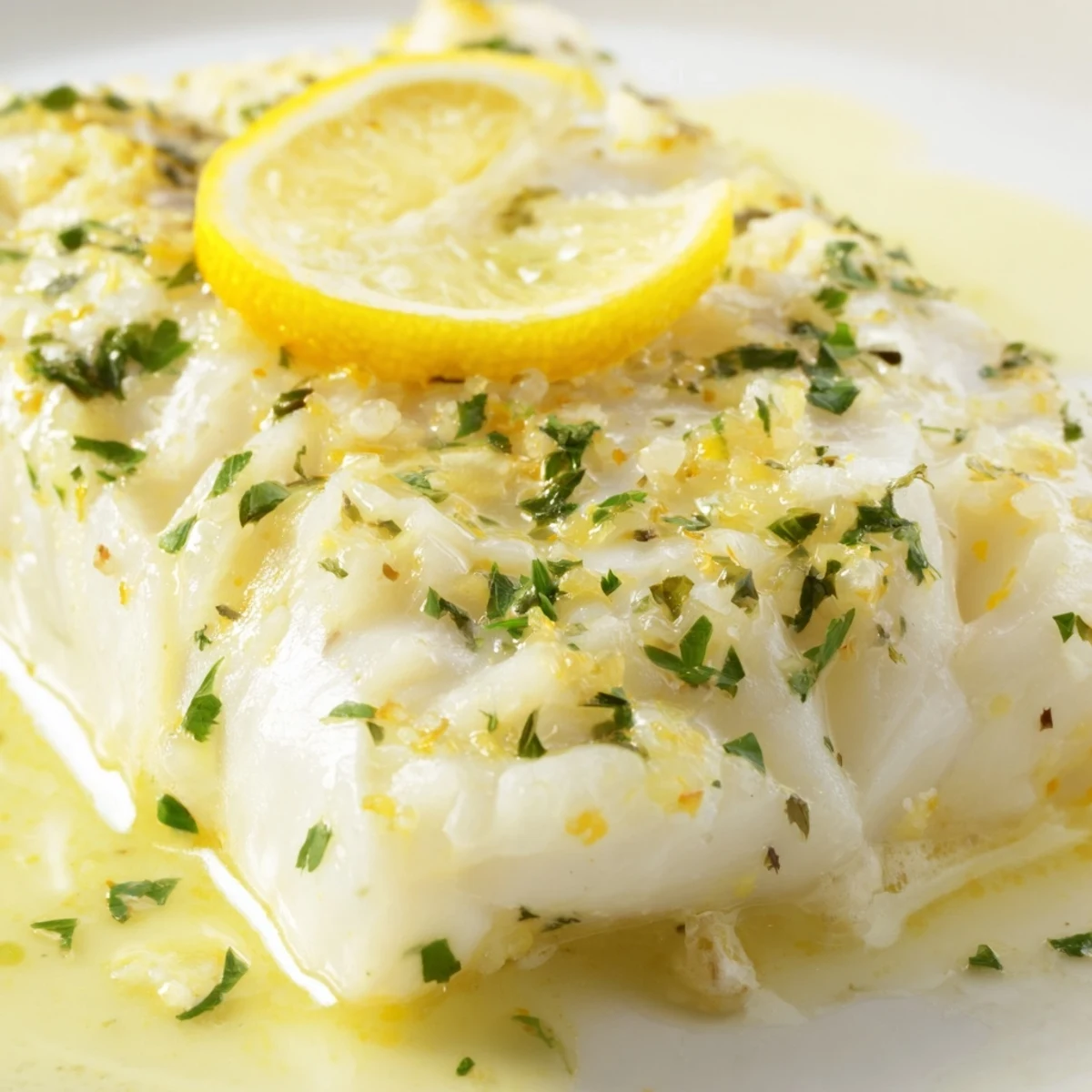 Perfekt gebackene Halibut-Filets, übergossen mit einer cremigen Zitronenbutter-Sauce, ideal für ein elegantes Abendessen.