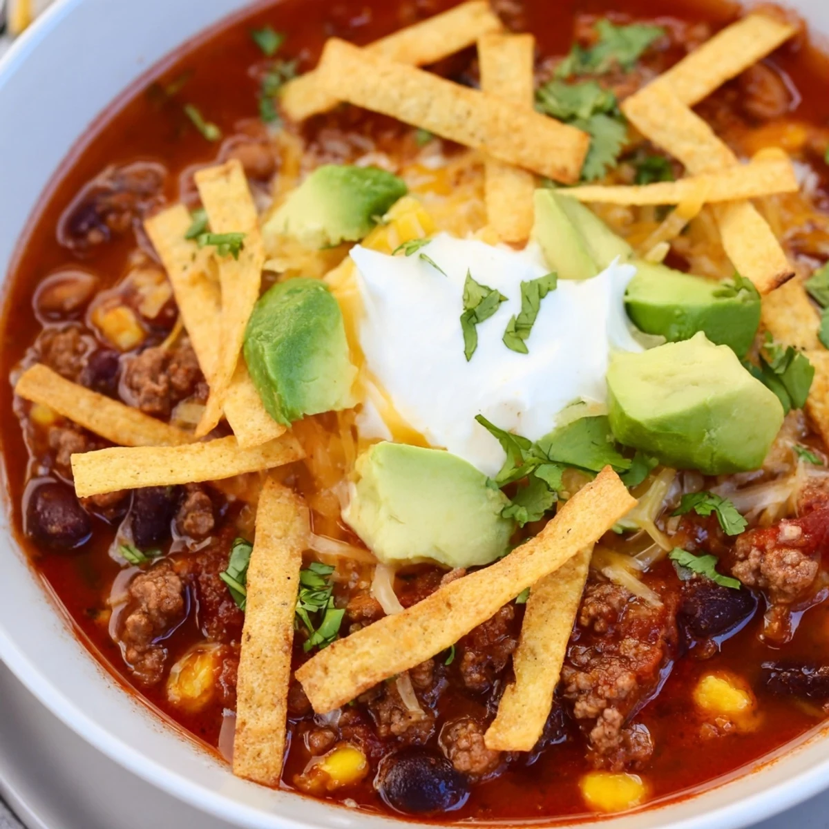 Hearty Beef Enchilada Soup with Crunchy Tortilla Strips in a rustic bowl, topped with melted cheddar and fresh cilantro.