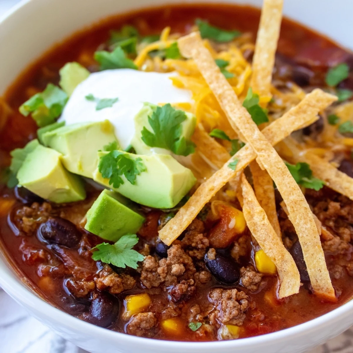 Close-up of a spoon scooping Beef Enchilada Soup with Crunchy Tortilla Strips, revealing tender beef, beans, and corn.